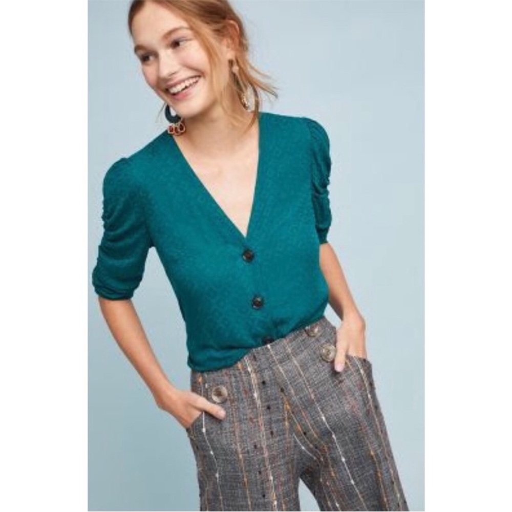 Anthropologie Maeve Rhombus Top button up ruched sleeves Green 6